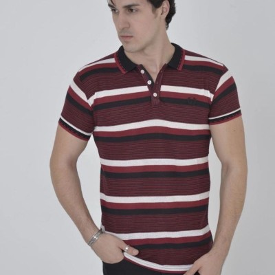 Erkek Polo Yaka tişört Slim Fit Dokuma Çizgili Kısa kol T-Shirt - Bordo